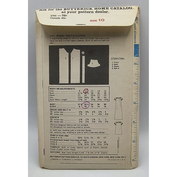 Vintage 1970s Butterick 5761 Misses One-Piece Dress Sewing Pattern Size 10 - Picture 2 of 4